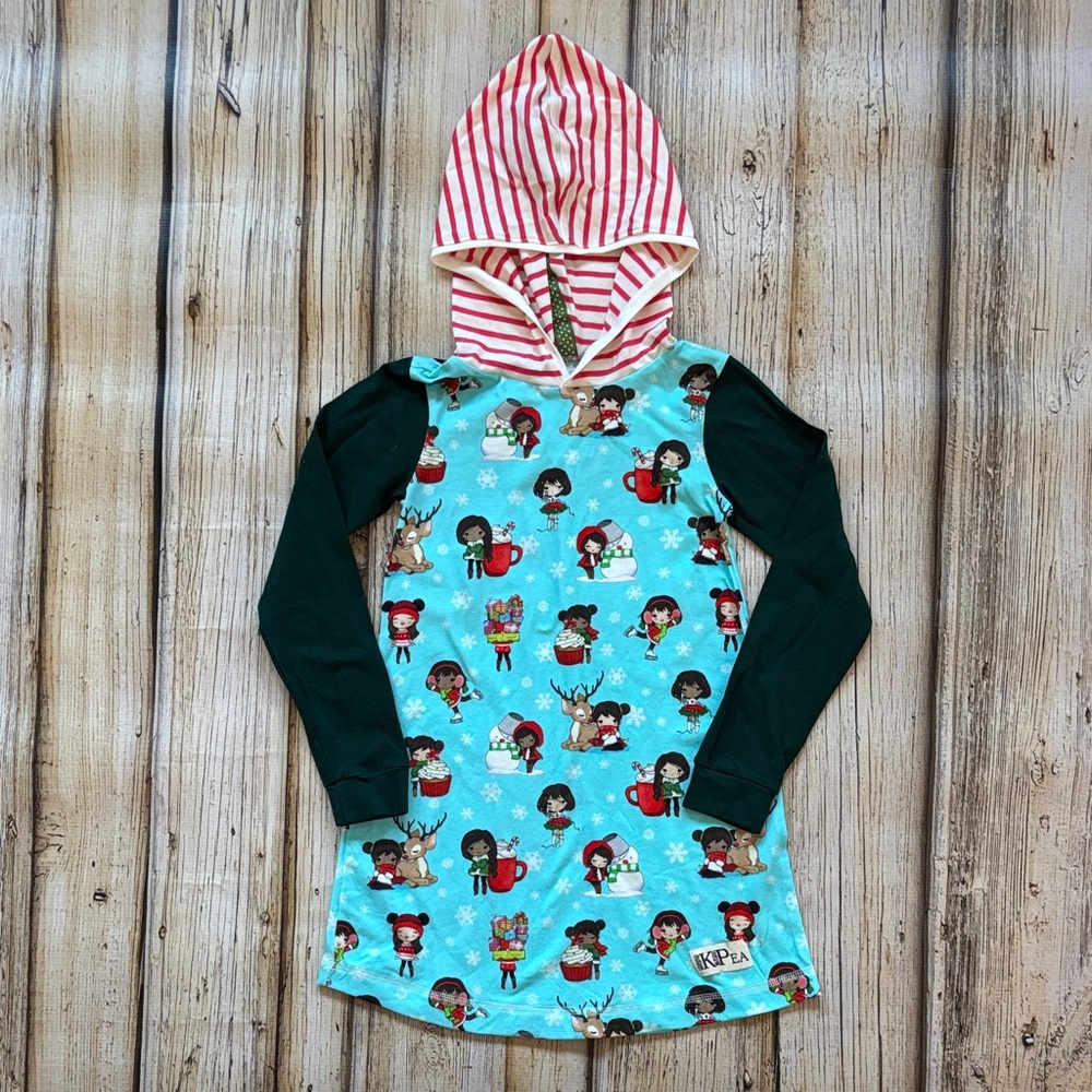 KPea Festive Kids Long Sleeve Hooded Tunic top - Blue and Green